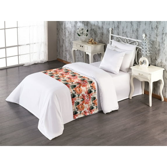 Floral Bed Runner, Vintage Style Asian Feels Watercolor Romantic Flowers Pattern Print, Decorative Accent Bedding Scarf for Hotels Homes & Guest Rooms, Twin, Sage Green and Burnt Sienna, by Ambesonne