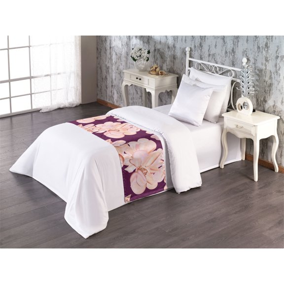 Floral Bed Runner, Vintage Style Pastel Looking Rose Petals Garden Art Digital Illustration, Decorative Accent Bedding Scarf for Hotels Homes & Guest Rooms, Twin, Peach Blush and Plum, by Ambesonne