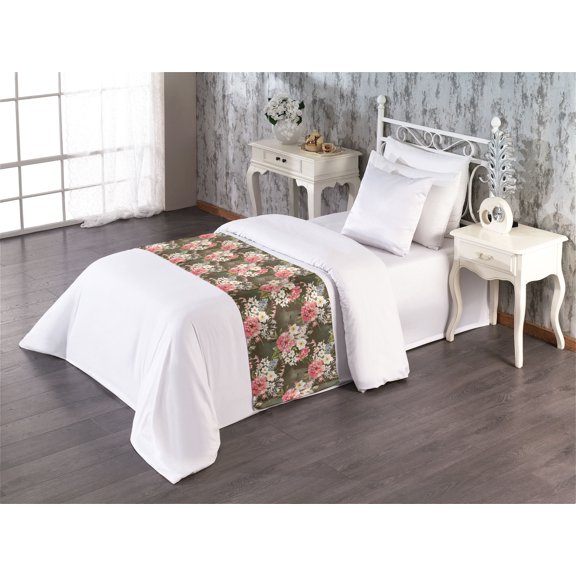 Floral Bed Runner, Vintage Theme Nostalgic Look Flower Sketch on Weathered Background, Decorative Accent Bedding Scarf for Hotels Homes & Guest Rooms, Twin, Sepia Pale Rose and Fawn, by Ambesonne