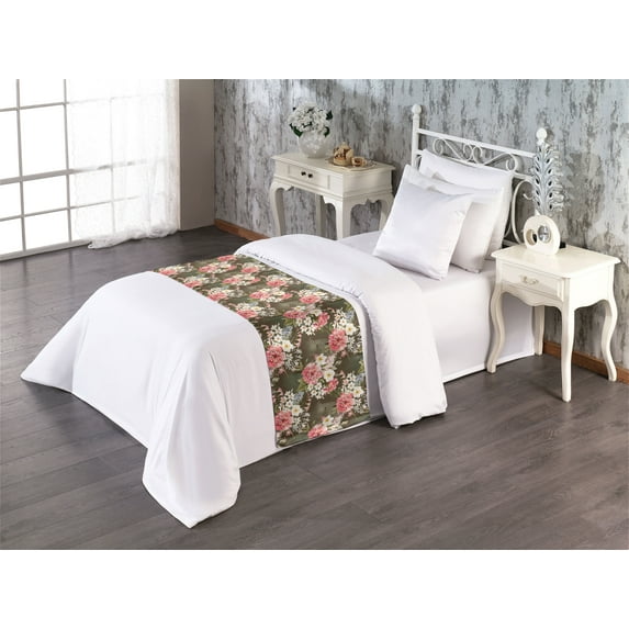 Floral Bed Runner, Vintage Theme Nostalgic Look Flower Sketch on Weathered Background, Decorative Accent Bedding Scarf for Hotels Homes & Guest Rooms, Twin, Sepia Pale Rose and Fawn, by Ambesonne