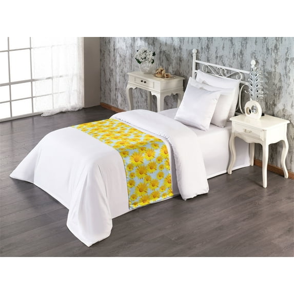 Floral Bed Runner, Vintage Vibe Pastoral Theme Sunflower Illustration on Sky Like Back, Decorative Accent Bedding Scarf for Hotels Homes & Guest Rooms, Twin, Soft Blue Marigold Yellow, by Ambesonne