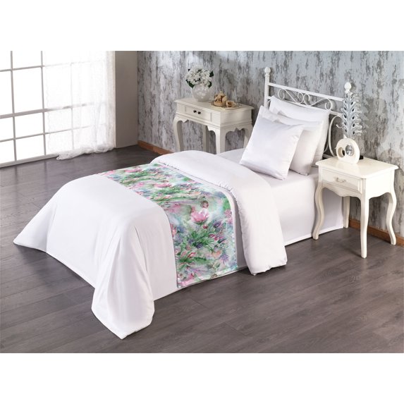 Floral Bed Runner, Watercolor Bouquet of Spring Floral Brushstrokes Romantic Vibes Print, Decorative Accent Bedding Scarf for Hotels Homes & Guest Rooms, Twin, Green Pink and Lavender, by Ambesonne