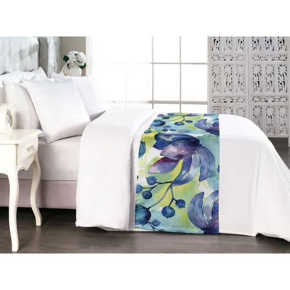 Floral Bed Runner, Watercolor Design Painting Print of Blooming and Burgeoning Flowers, Decorative Accent Bedding Scarf for Hotels Homes & Guest Rooms, Queen, Lavender Blue Pale Green, by Ambesonne