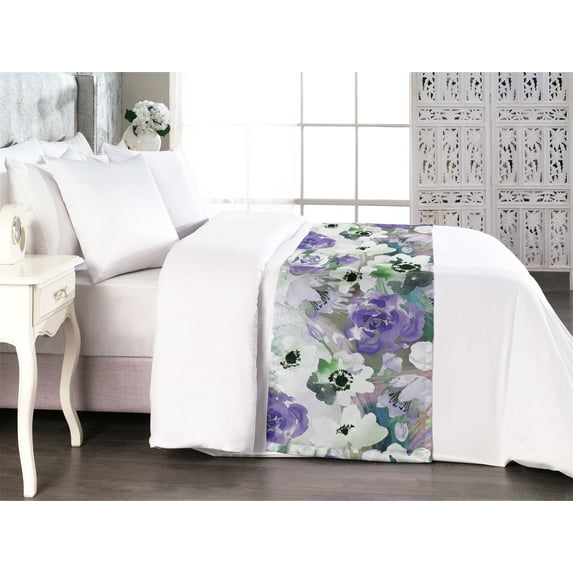Floral Bed Runner, Watercolor Effect Pattern with Blooming Abstract Spring Petals, Decorative Accent Bedding Scarf for Hotels Homes & Guest Rooms, Queen, Blue Violet and Laurel Green, by Ambesonne