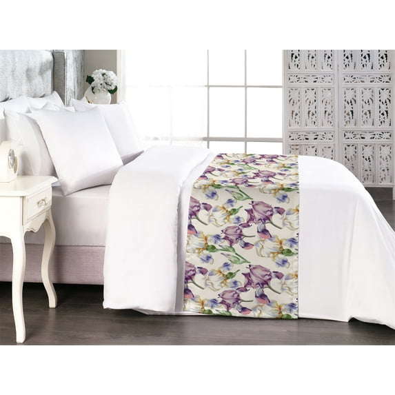 Floral Bed Runner, Watercolor Iris Flowers Spring Love Romantic Concept Vintage Artwork, Decorative Accent Bedding Scarf for Hotels Homes & Guest Rooms, Queen, Lilac Ivory and Green, by Ambesonne
