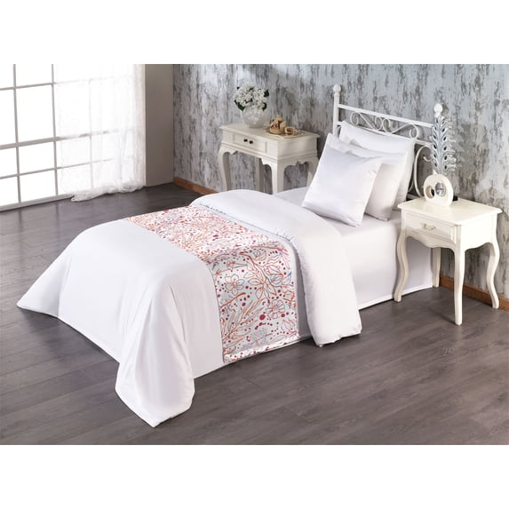 Floral Bed Runner, Watercolor Minimal Leaves and Branches Paint Splash Look Dots Print, Decorative Accent Bedding Scarf for Hotels Homes & Guest Rooms, Twin, Pink Burnt Sienna and Blue, by Ambesonne