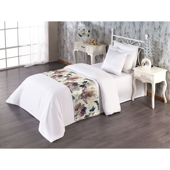 Floral Bed Runner, Watercolor Painting Style Nature Flora Bloom Flowers of Innocent Garden Print, Decorative Accent Bedding Scarf for Hotels Homes & Guest Rooms, Twin, Ivory Dark Mauve, by Ambesonne