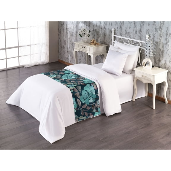 Floral Bed Runner, Watercolor Roses and Leaves in Cold Colors Modern Romantic Flowers, Decorative Accent Bedding Scarf for Hotels Homes & Guest Rooms, Twin, Seafoam Dark Teal Dimgray, by Ambesonne