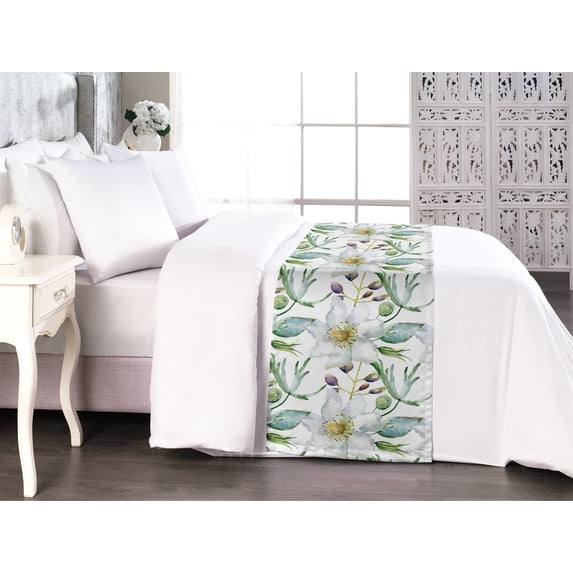 Floral Bed Runner, Watercolor Style Clematis and Lupine Flowers with Leaves on Plain Back, Decorative Accent Bedding Scarf for Hotels Homes & Guest Rooms, Queen, Plum White Laurel Green, by Ambesonne