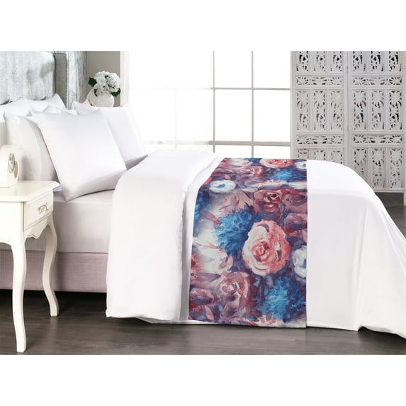 Floral Bed Runner, Watercolor Style Design Leaves Peony and Rose Ornaments Art Pattern, Decorative Accent Bedding Scarf for Hotels Homes & Guest Rooms, Queen, Blush Eggshell and Plum, by Ambesonne