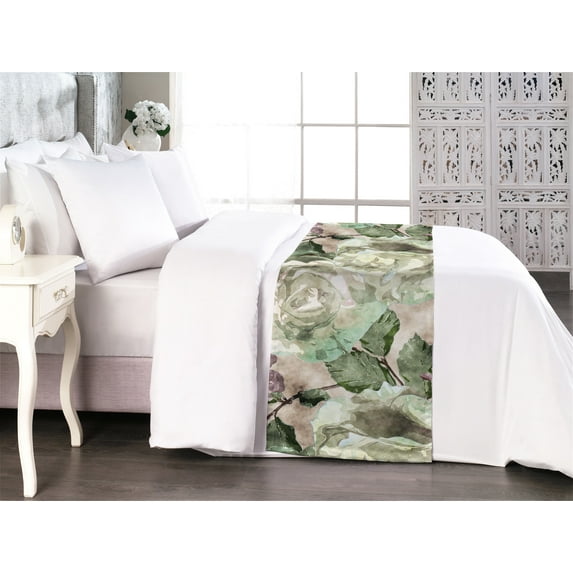 Floral Bed Runner, Watercolor Style Pattern of Peony and Wild Roses Soft Flowers Garden, Decorative Accent Bedding Scarf for Hotels Homes & Guest Rooms, Queen, Mauve Taupe Grey Yellow, by Ambesonne