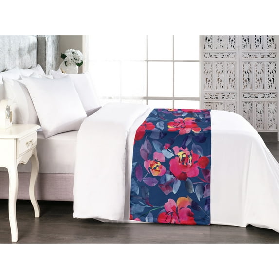 Floral Bed Runner, Watercolor Style Print of Rose Look Flowers and Leaves Romantic Nature, Decorative Accent Bedding Scarf for Hotels Homes & Guest Rooms, King, Hot Pink Dark Sky Blue, by Ambesonne