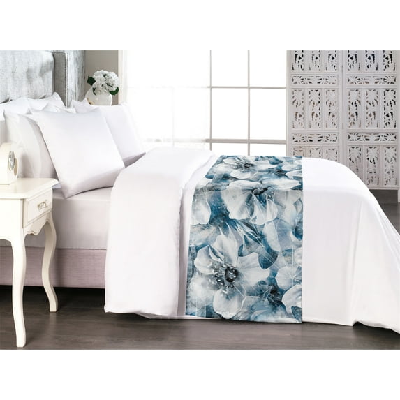 Floral Bed Runner, Weathered Effect Pattern of Cold Colored Vintage Flower Petals, Decorative Accent Bedding Scarf for Hotels Homes & Guest Rooms, Queen, Dark Turquoise and Blue Grey, by Ambesonne