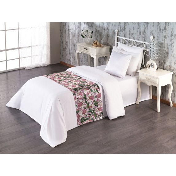 Floral Bed Runner, Wild Tulips Blossoming Watercolor Style Ornament Jumble Garden of Petals, Decorative Accent Bedding Scarf for Hotels Homes & Guest Rooms, Twin, Emerald and Dried Rose, by Ambesonne