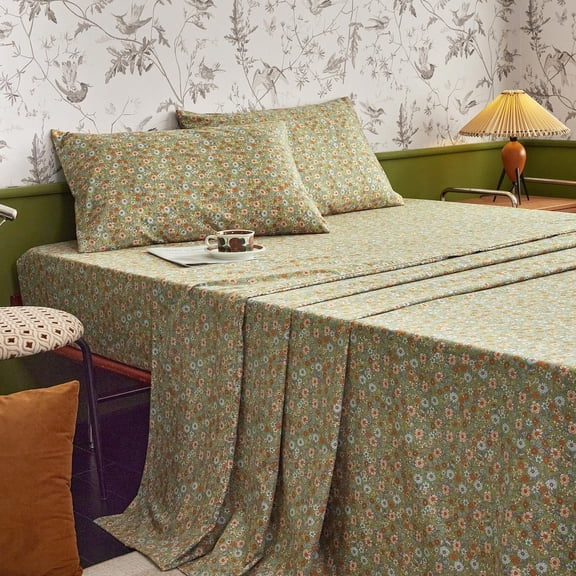 Floral Bed Sheets, 4-Piece Sheet Set, Shabby Chic Flower Pattern Printed Country Coquette Cottage Aesthetic Bedding, Deep Pocket, King Size