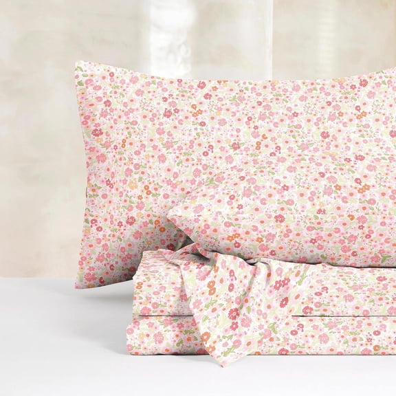 - Floral Bed Sheets, 4- Sheet Set, Shabby Chic Flower  Prted Country  Cottage Aesthetic Beddg, Deep Pocket, Pk, Full Size