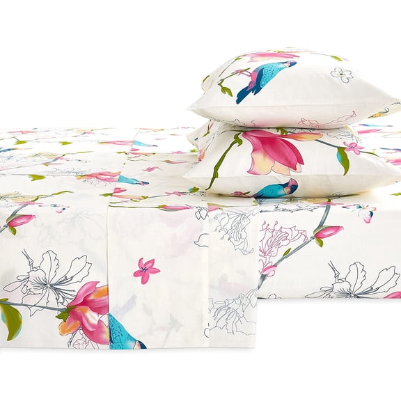 Floral Bed Sheets King Size Set - Cotton Deep Pocket Pink Beige