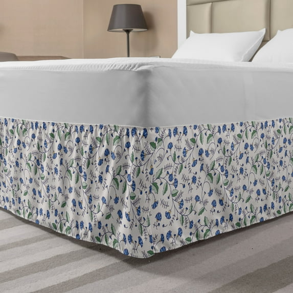 Floral Bed Skirt, Blue Cornflowers and Leaves Old Fashioned Natural Design with Ornate Garden Plants, Elastic Bedskirt Dust Ruffle Wrap Around for Bedding Decor, 4 Sizes, Multicolor, by Ambesonne