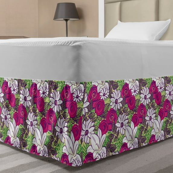 Floral Bed Skirt, Bold and Inky Illustrations of Roses Lilies and Chamomiles, Elastic Bedskirt Dust Ruffle Wrap Around for Bedding Decor, 4 Sizes, Magenta Purple, by Ambesonne