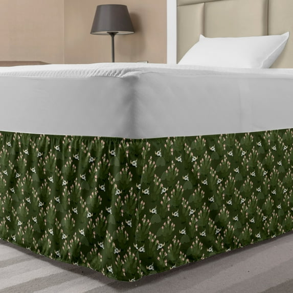 Floral Bed Skirt, Cactus with Flower and Skull Plantation Unique, Elastic Bedskirt Dust Ruffle Wrap Around for Bedding Decor, 4 Sizes, Evergreen Sage Green, by Ambesonne