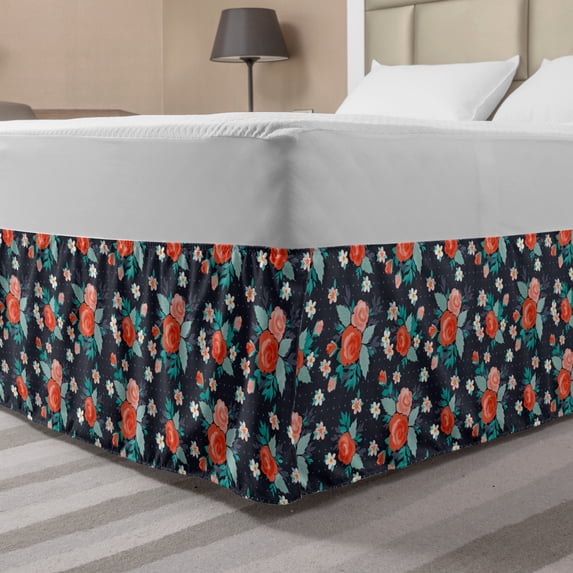 Floral Bed Skirt, Composition of Repeating Roses and Tiny Flowers Spring Season Layout, Elastic Bedskirt Dust Ruffle Wrap Around for Bedding Decor, 4 Sizes, Dark Indigo and Multicolor, by Ambesonne