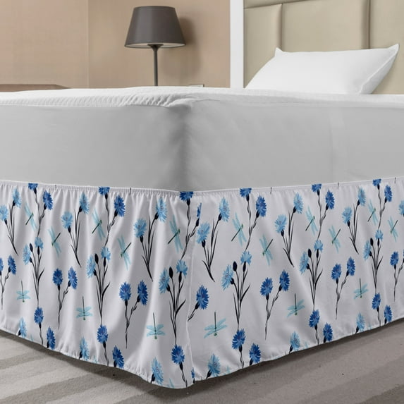 Floral Bed Skirt, Cornflowers and Dragonflies on Pastel Background, Elastic Bedskirt Dust Ruffle Wrap Around for Bedding Decor, 4 Sizes, Purple Sea Blue, by Ambesonne