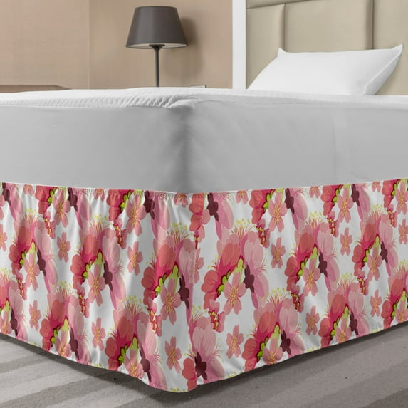 Floral Bed Skirt, Digitally Generated Flourishing Cherry Blossom Bud Silhouettes in Warm Colors, Elastic Bedskirt Dust Ruffle Wrap Around for Bedding Decor, 4 Sizes, Coral and Pink, by Ambesonne