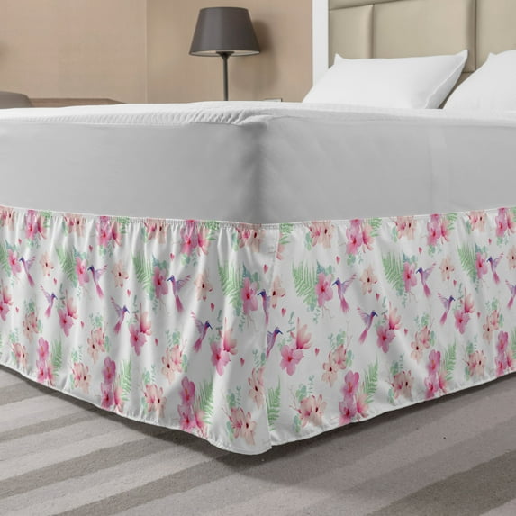 Floral Bed Skirt, Flappy Hummingbirds Flying over Delicate Tropical Hibiscus and Magnolia Flowers, Elastic Bedskirt Dust Ruffle Wrap Around for Bedding Decor, 4 Sizes, Multicolor, by Ambesonne