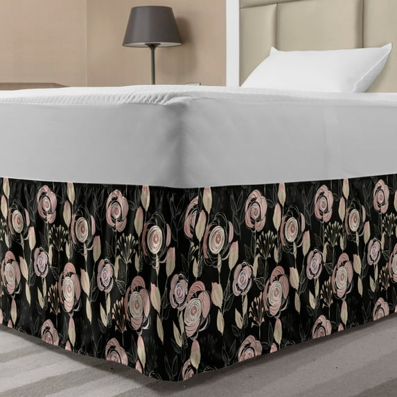 Floral Bed Skirt, Hand Drawn Victorian Flower Drawings Blooming Leaves, Elastic Bedskirt Dust Ruffle Wrap Around for Bedding Decor, 4 Sizes, Grey Blush, by Ambesonne