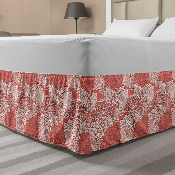 Floral Bed Skirt, Highly Detailed Image of Echeveria Plants in Repetitive Pattern, Elastic Bedskirt Dust Ruffle Wrap Around for Bedding Decor, 4 Sizes, Coral Pale Maroon and White, by Ambesonne