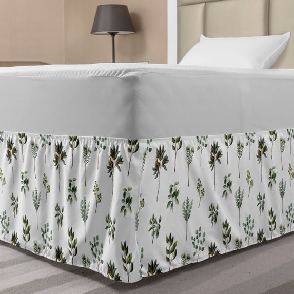 Floral Bed Skirt, Illustration of Various Leaves and Plantation Nature, Elastic Bedskirt Dust Ruffle Wrap Around for Bedding Decor, 4 Sizes, Reseda Green Olive Green, by Ambesonne