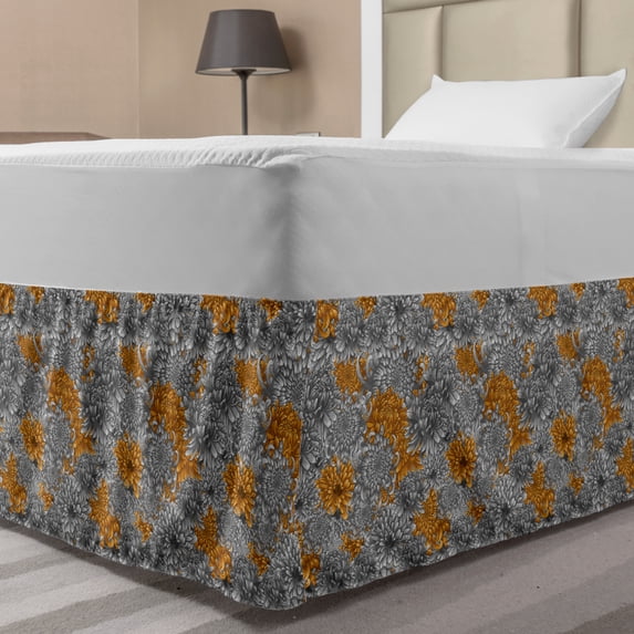 Floral Bed Skirt, Print of Chrysanthemum Flowers Grey and Yellow Ornaments Illustration, Elastic Bedskirt Dust Ruffle Wrap Around for Bedding Decor, 4 Sizes, Dark Orange and Pale Grey, by Ambesonne