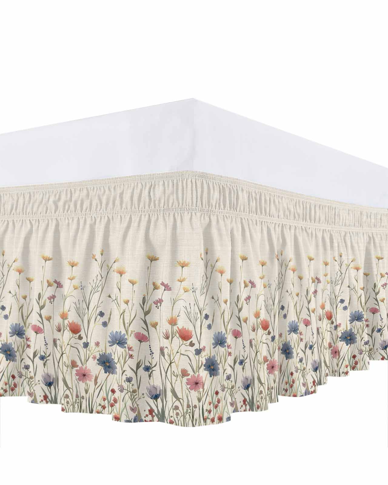 Floral Bed Skirt Queen Size 18" Drop Watercolor Leaves Colorful Daisy Linen Background Ruffled Wrap Around Bed Skirts Adjustable Elastic Bedskirt Dust Ruffle for Queen Size Bed