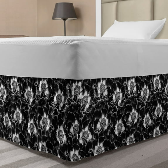 Floral Bed Skirt, Repeating Monochrome Tree Peony Mystical Flower Classical Illustration, Elastic Bedskirt Dust Ruffle Wrap Around for Bedding Decor, 4 Sizes, Charcoal Grey Multicolor, by Ambesonne
