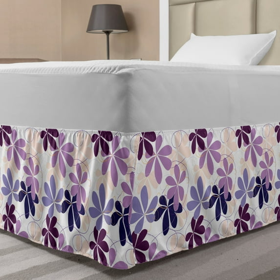 Floral Bed Skirt, Retro Blooming Petals with Abstract Swirls and Curves Romantic Composition, Elastic Bedskirt Dust Ruffle Wrap Around for Bedding Decor, 4 Sizes, Purple Lilac Peach, by Ambesonne
