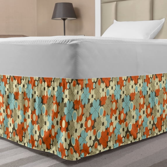 Floral Bed Skirt, Retro Flower Pattern Simplistic Designed Petals Fragrance Essence Circle Theme, Elastic Bedskirt Dust Ruffle Wrap Around for Bedding Decor, 4 Sizes, Multicolor, by Ambesonne