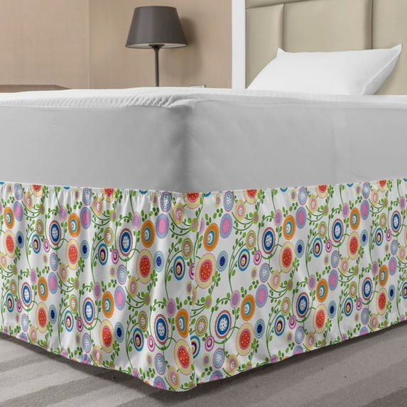 Floral Bed Skirt, Spring Theme with Circular Flower Petals Blossom Flora Curved Branches Growth Print, Elastic Bedskirt Dust Ruffle Wrap Around for Bedding Decor, 4 Sizes, Multicolor, by Ambesonne