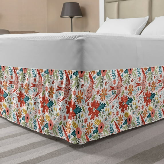 Floral Bed Skirt, Spring Themed Blossomings Laurel Leaf Bird, Elastic Bedskirt Dust Ruffle Wrap Around for Bedding Decor, 4 Sizes, Burnt Sienna Multicolor, by Ambesonne