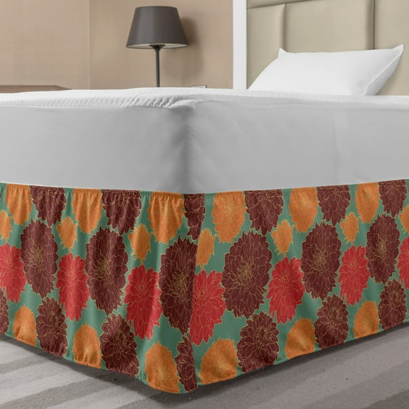 Floral Bed Skirt, Vintage Inspired Carnation and Calendula Bouquets Perennial Plants Blooms, Elastic Bedskirt Dust Ruffle Wrap Around for Bedding Decor, 4 Sizes, Burnt Orange and Red, by Ambesonne