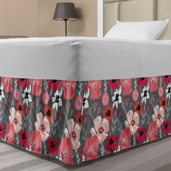 Floral Bed Skirt, Vintage Theme Various Retro Flowers and Branches in Pastel Colors on Grey Background, Elastic Bedskirt Dust Ruffle Wrap Around for Bedding Decor, 4 Sizes, Multicolor, by Ambesonne