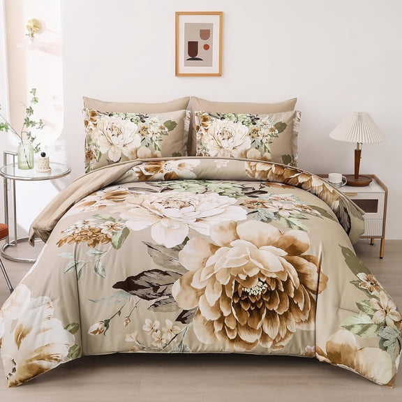 Floral Bed in a Bag King Size 7 Pieces Taupe Comforter Set Khaki Flower Green Leaves Bedding Set
