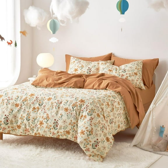 - Floral Bedding Set for Girls, Cute Colorful Botanical Flowers Patterned Soft Lightweight Comforter Set with Sheets, 5 Pieces Kids Bed in a Bag, Orange Cream, Twin Size