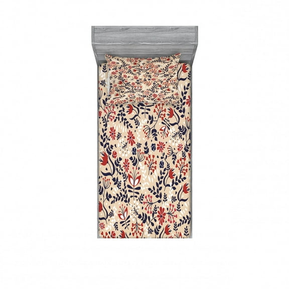 Floral Bedding Set with Sheet & Covers, Abstract Art Flowers and Leaves Blossoms Illustration Designed Print, Printed Bedroom Decor 2 Shams, 4 Sizes, Beige Red White, by Ambesonne