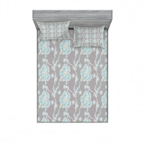 Floral Bedding Set with Sheet & Covers, Abstract Design Lace Background Victorian Inspired Image Vintage Soft Colors, Printed Bedroom Decor 2 Shams, 4 Sizes, Grey Seafoam Tan, by Ambesonne