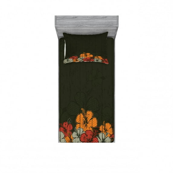 Floral Bedding Set with Sheet & Covers, Abstract Wooden Backdrop with Hawaiian Romantic Flowers Buds Blooms Leaves, Printed Bedroom Decor 2 Shams, 4 Sizes, Amber Red Army Green, by Ambesonne