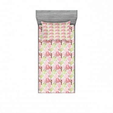 Floral Bedding Set with Sheet & Covers, Bird Perching on Cherry Blossom SakurTree Branchnd Rose Bouquet Background, Printed Bedroom Decor 2 Shams, 4 Sizes, Multicolor, by Ambesonne