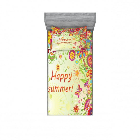 Floral Bedding Set with Sheet & Covers, Blossoms Bud Flowers Leaves Paisley Motifs with Hello Summer Words Image, Printed Bedroom Decor 2 Shams, 4 Sizes, Multicolor, by Ambesonne
