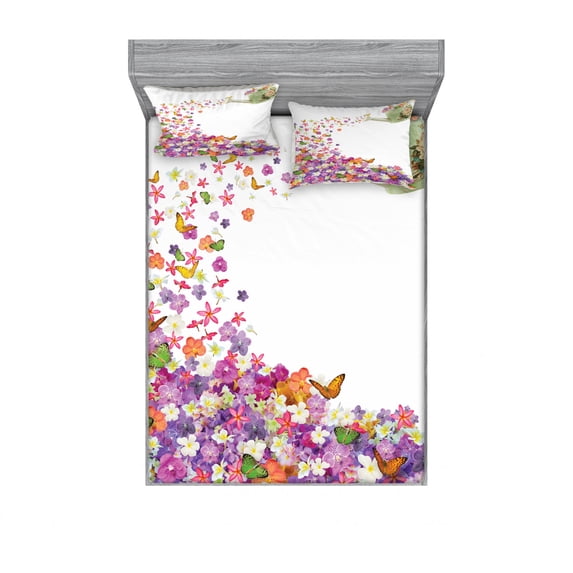 Ambesonne Floral Fitted Sheet & Pillow Sham Set, Flowers Watering Pot, Full, Multicolor