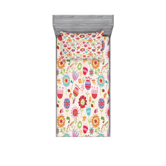 Floral Bedding Set with Sheet & Covers, Cartoon Drawing Style Ladybug Strawberry Bird Caterpillar Vibrant Colored Characters, Printed Bedroom Decor 2 Shams, 4 Sizes, Multicolor, by Ambesonne