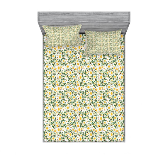 Ambesonne Floral Fitted Sheet & Pillow Sham Set, Daisy Flowers Chamomiles, Queen, Multicolor